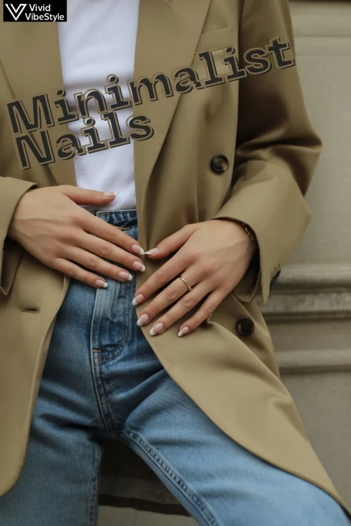 Minimalist nails paired with both casual jeans outfit and elegant formal dress, showing fashion versatility