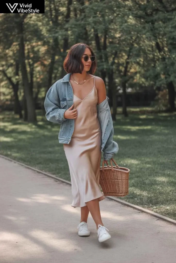 Woman in a silk slip dress styled with sneakers, layered accessories, and a denim jacket for a modern summer outfit