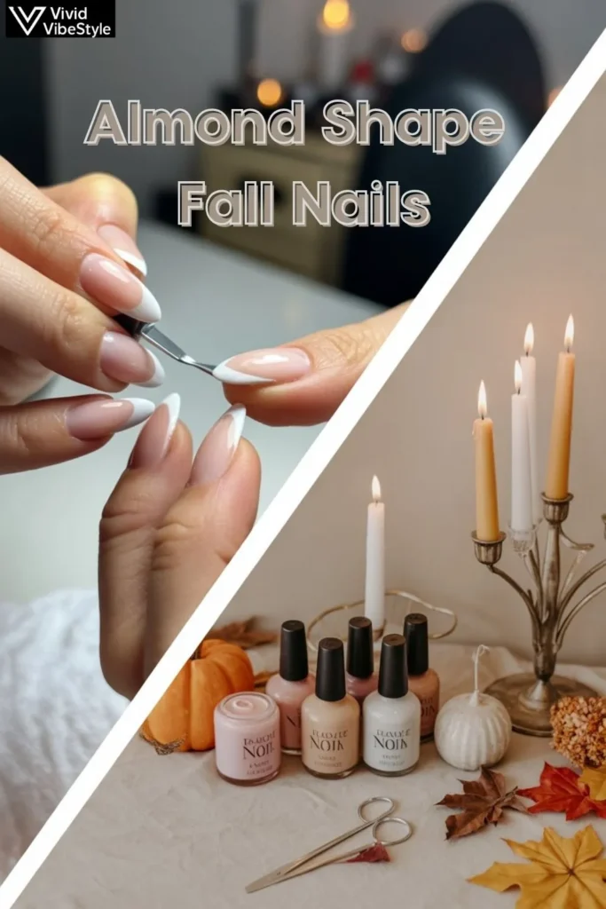 Comparison of almond shape fall manicure in nail salon versus at-home DIY fall nail setup