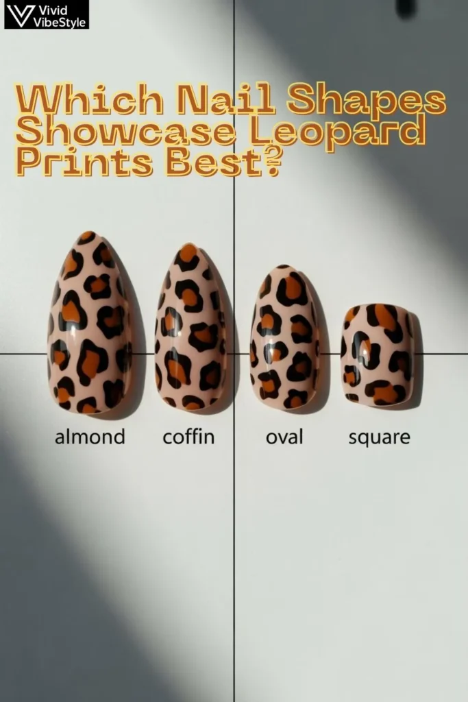 Comparison of Summer Leopard Print Nails on different nail shapes including almond, coffin, oval, and square