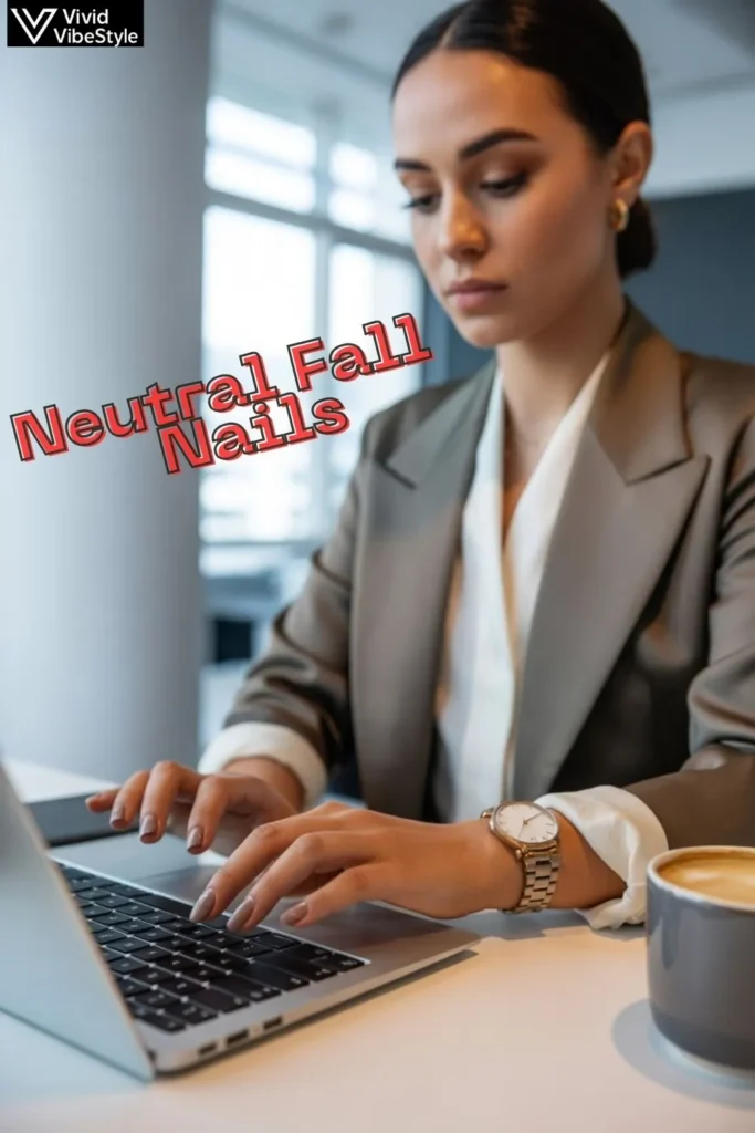 Neutral fall nails in soft beige shade while typing on a laptop in a professional office setting with a blazer