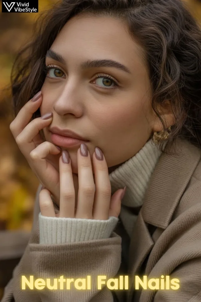 Thoughtful woman with taupe neutral fall nails against a muted autumn background, symbolizing calm and sophistication