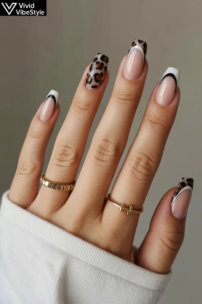 Neutral leopard print nails with French tips and geometric nail art