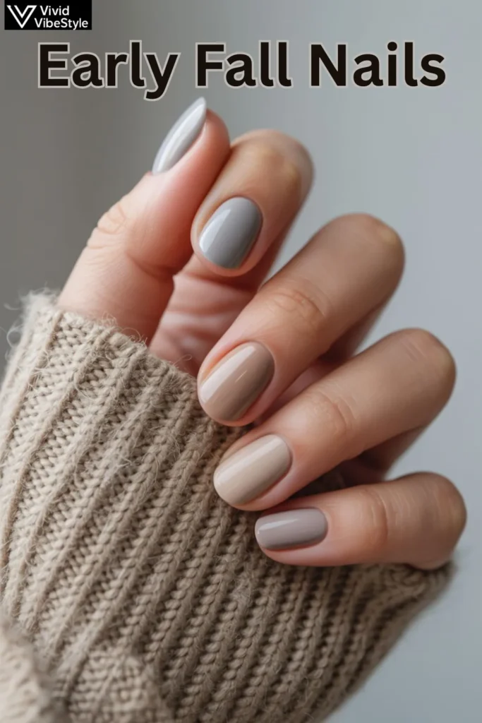 Neutral early fall nails in beige, sand, and latte shades styled for transitional autumn looks.