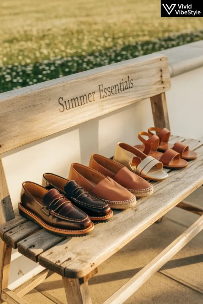 Classic loafers, espadrilles, and sandals for building a refined Old Money Outfits summer shoe collection.
