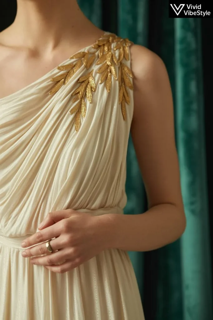 One-shoulder Grecian dress with gold embellishments and soft pleating for an elegant feminine look.