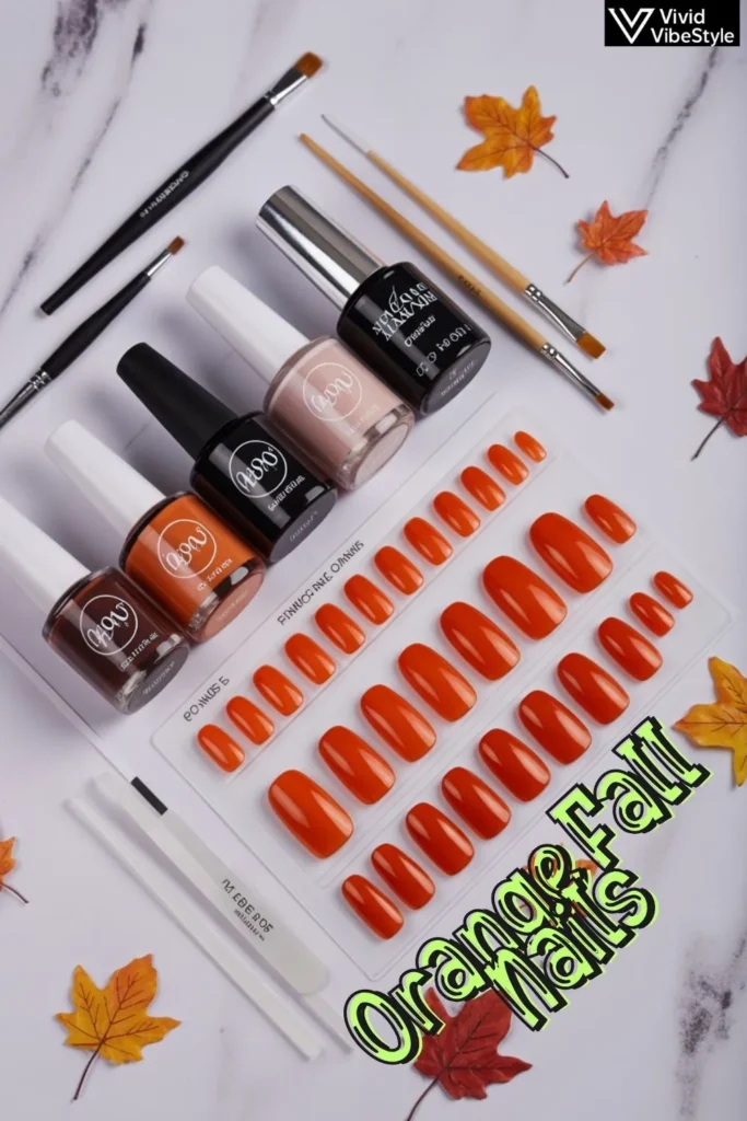 Flat-lay of orange nail polish, nail art brushes, and autumn-themed decals shopping guide for fall nail essentials
