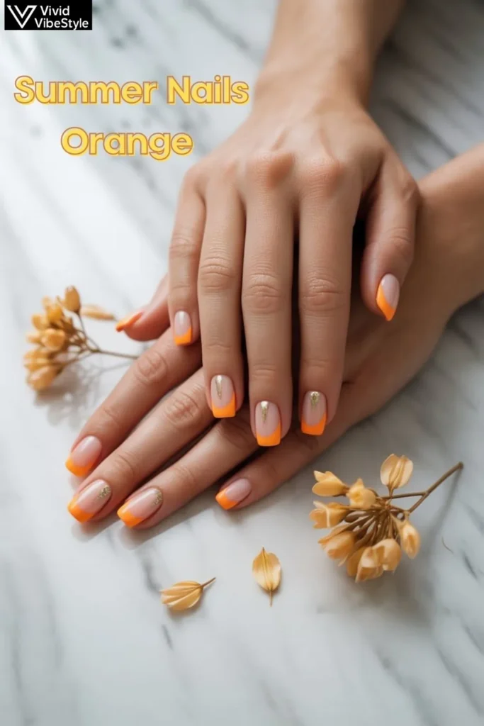 Orange French manicure variations including neon tips, ombré blends, and orange with gold accents