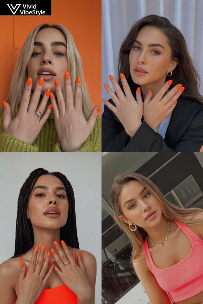 Influencers and celebrities showing trendy orange nails on social media and red carpets