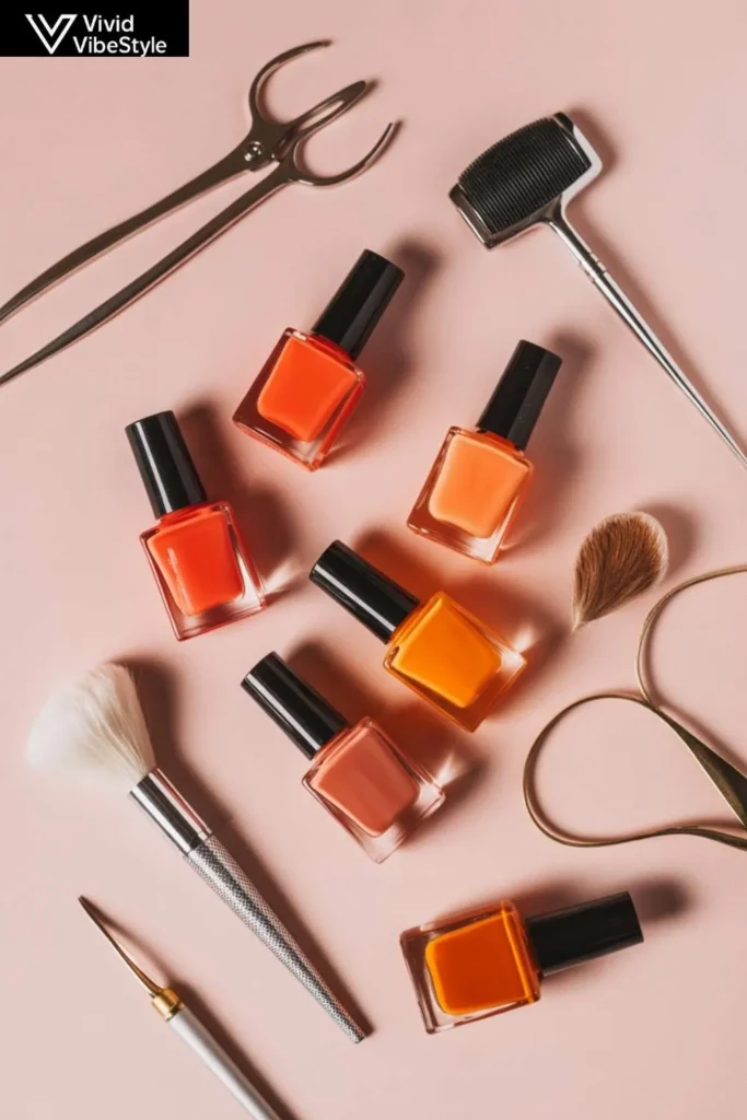 Variety of orange nail polish shades and manicure tools showing the 2025 nail color trend