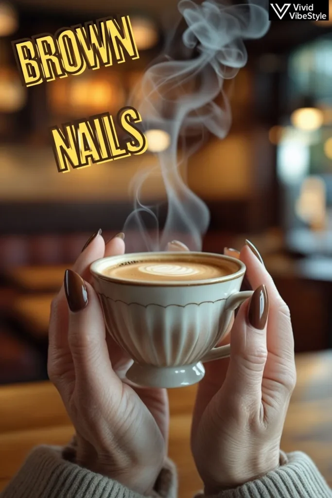Mocha mousse brown nails with glossy finish holding a latte, showcasing Pantone’s trending shade for 2025