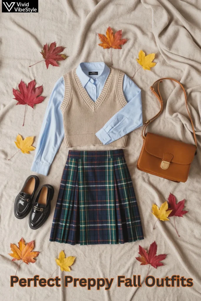 Flat lay of plaid skirt, shirt, knit vest, loafers, and satchel showing preppy fall outfit combinations.