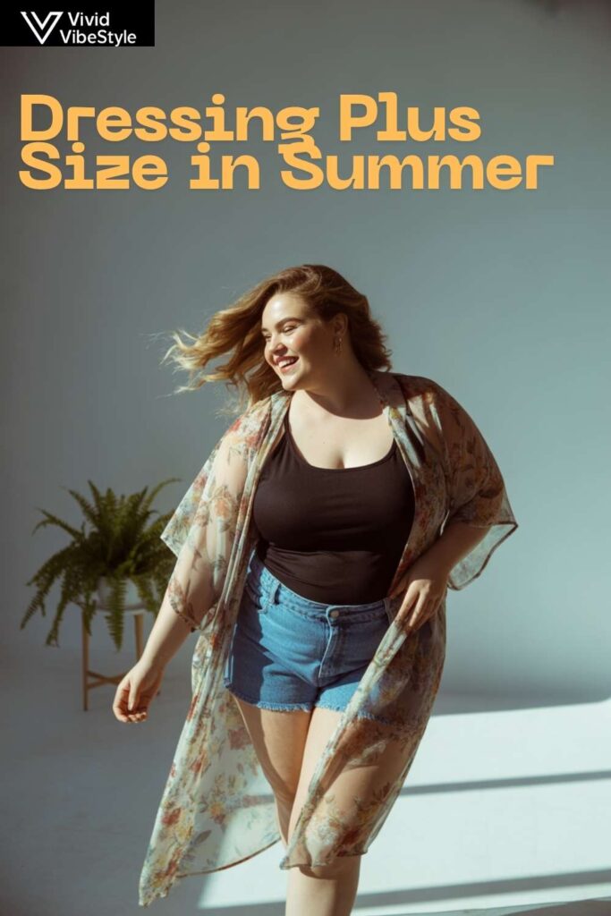 Plus size woman in floral kimono layered over summer outfit for a stylish lightweight look