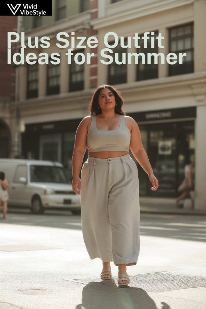 Plus size woman wearing wide-leg linen pants and crop top for a trendy summer outfit
