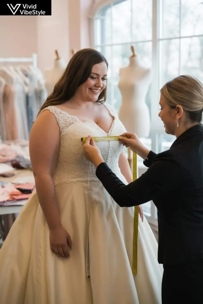 Seamstress altering the bodice of a plus size wedding dress during a fitting