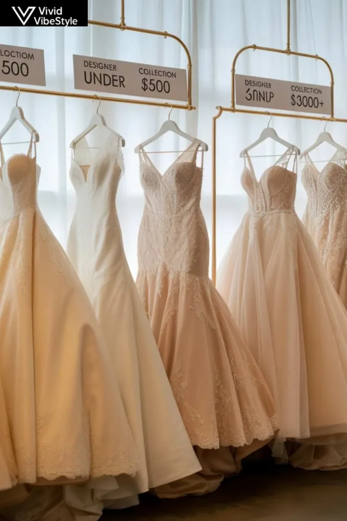 Display of plus size wedding dresses with various price ranges in a bridal boutique