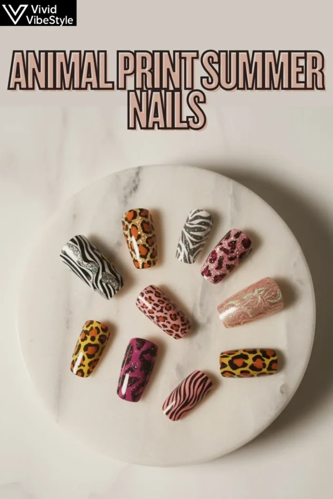 Assorted nail tips with leopard, zebra, snake, and cheetah print summer nail designs