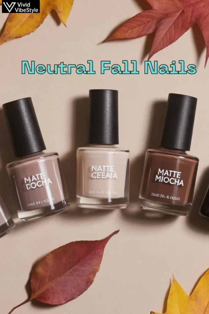 Flat lay of essential products for neutral fall nails, including beige and taupe polishes, base coat, matte top coat, and cuticle oil