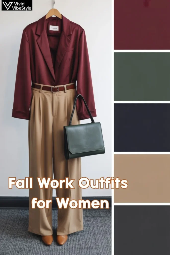 Professional fall colors for women’s work outfits with burgundy, green, navy, camel, and charcoal swatches