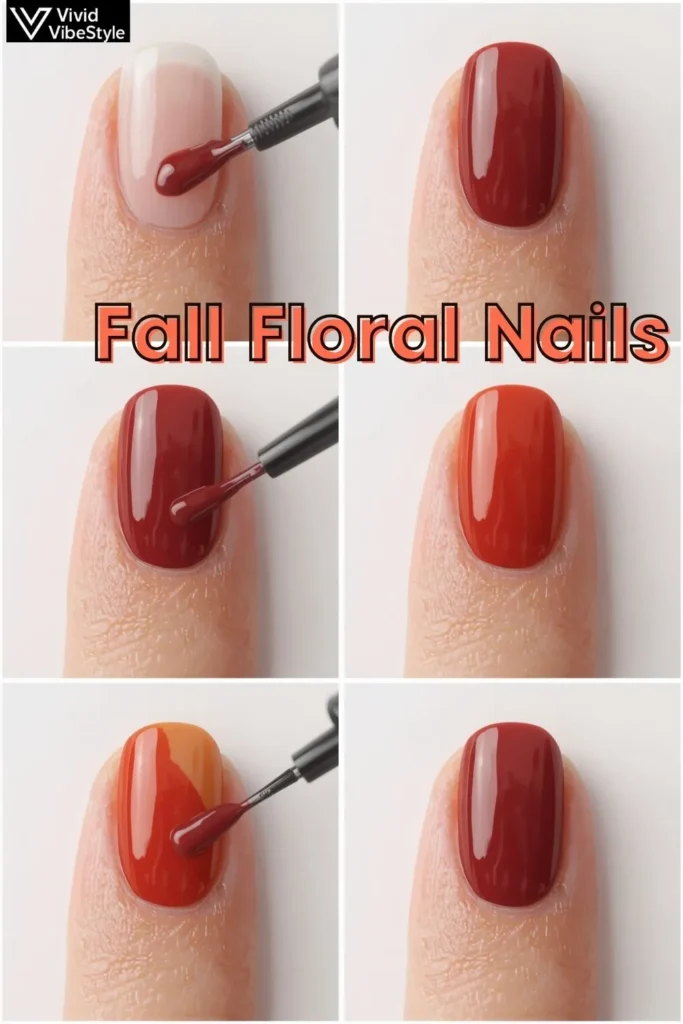 Professional fall nail application with base coat, burgundy polish layers, and glossy topcoat on oval-shaped nails