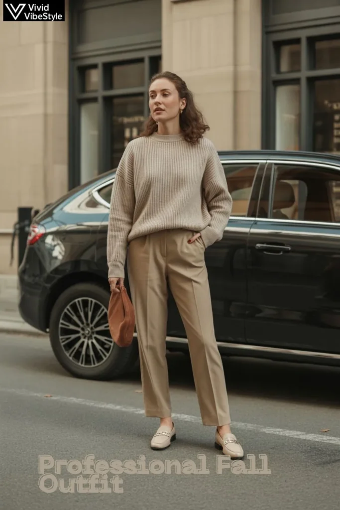 Professional fall outfit with trousers, sweater, and loafers styled as comfy fall outfits for work.