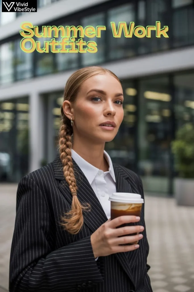 Professional woman with braid hairstyle and heat-resistant makeup for polished summer work look.