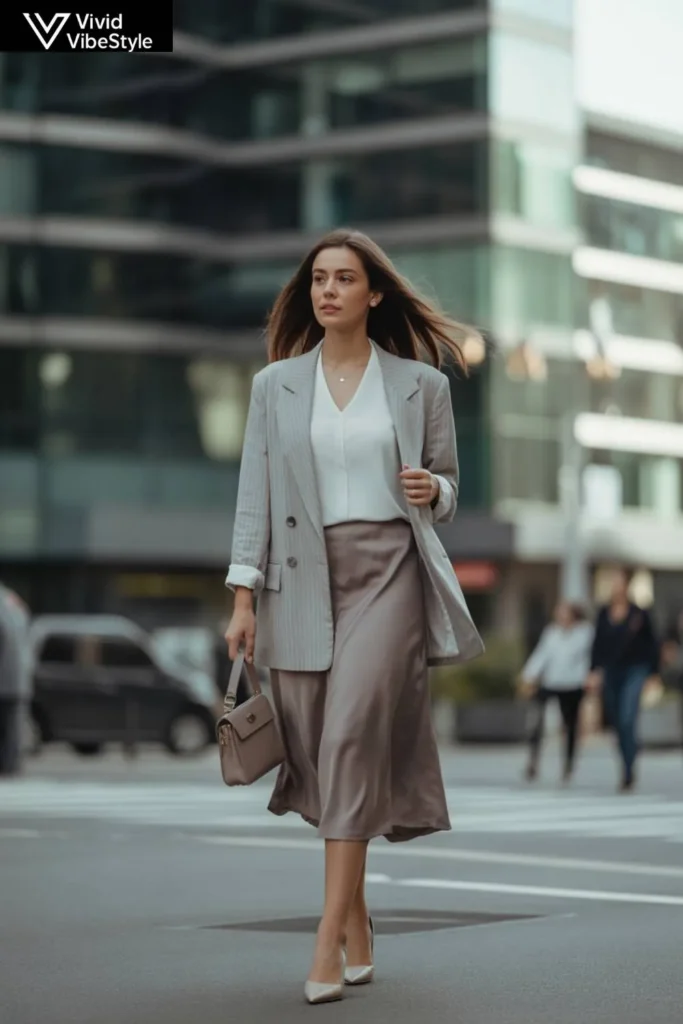 Lightweight blazer and midi skirt for professional Summer Chic Outfits in warm weather