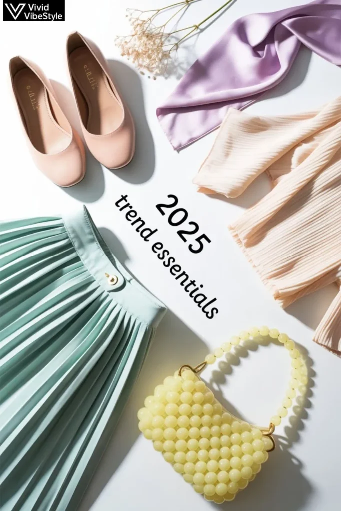 Flat lay of 2025 summer work outfit essentials including ballet flats, crepe tops, and pastel skirts