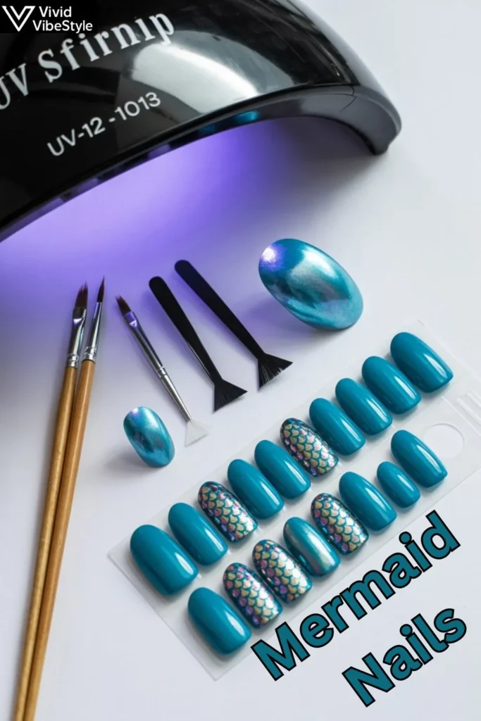 Professional tools for creating mermaid nails at home, featuring UV lamp, brushes, powders, and seashell decals.