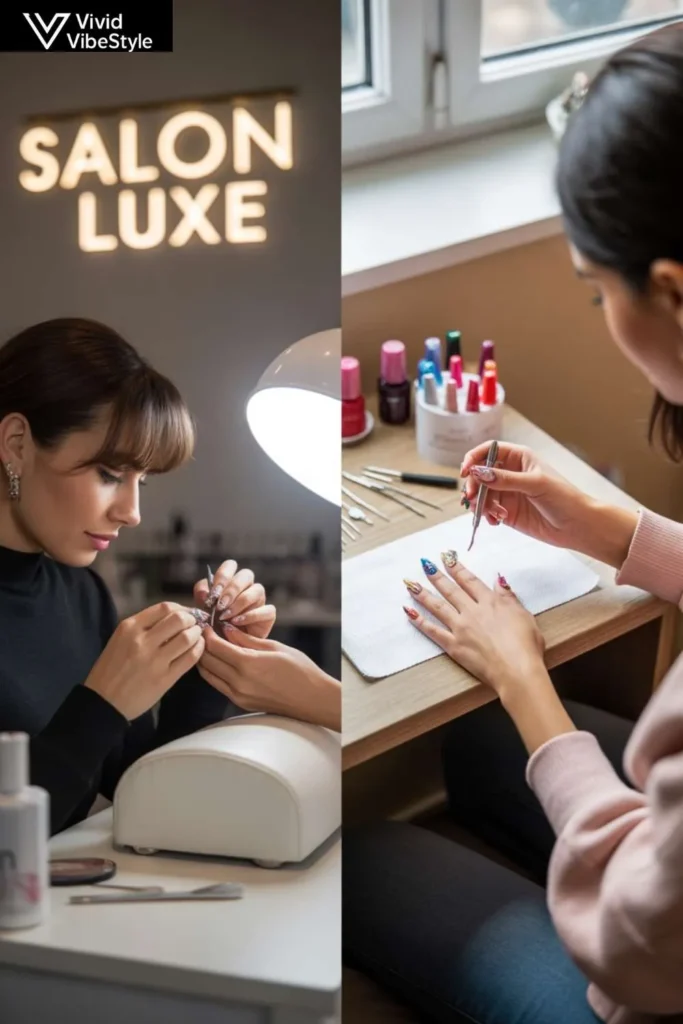 Salon professional creating advanced 3D nails versus DIY at-home nail art