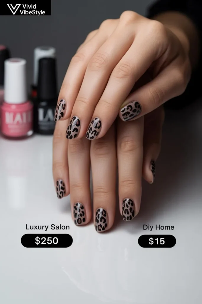 Professional bold leopard nails versus DIY manicure cost comparison