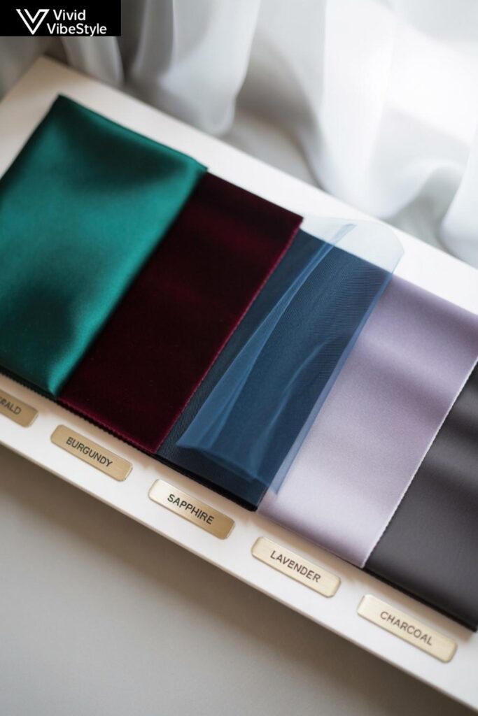 Color and fabric swatches for plus size prom dresses including emerald satin and burgundy tulle