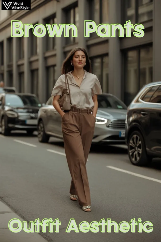Confident woman in tailored brown pants styled with a chic blouse, showcasing the psychology of the brown pants outfit aesthetic