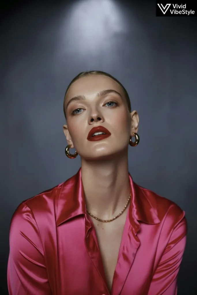 Model in a vibrant red silk blouse with red lipstick and gold accessories — showcasing red outfit ideas that prove red is fashion’s ultimate power color.