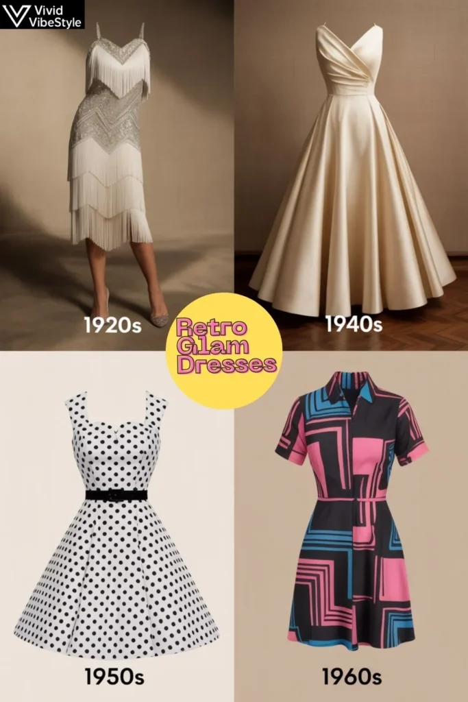 Collage of retro glam dresses from the 1920s flapper fringe, 1940s satin gown, 1950s polka dot dress, and 1960s mod mini