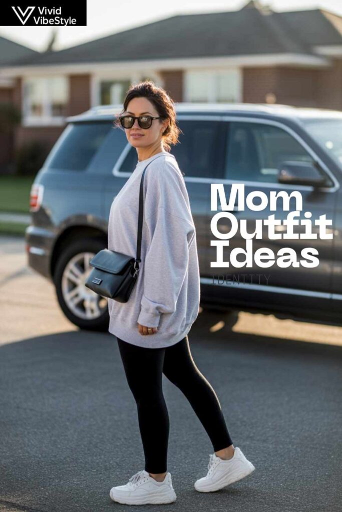 Mom ready for school drop-off in leggings and oversized sweatshirt quick and comfortable outfit mom outfit ideas for busy mornings