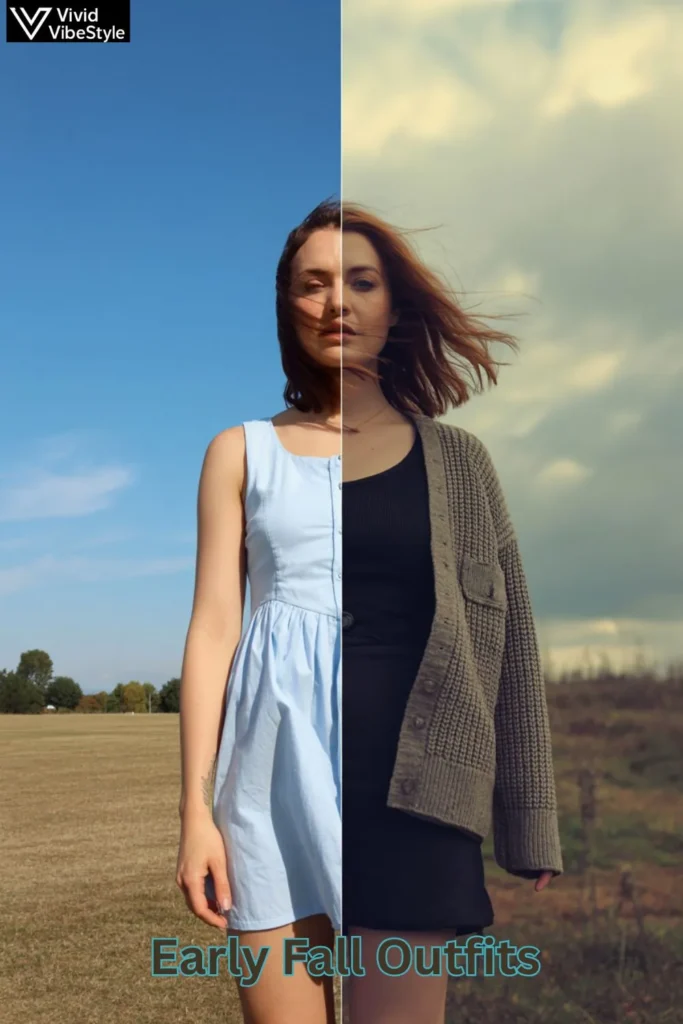 Person layering a cardigan over a summer dress showing how early fall outfits adapt to changing weather.