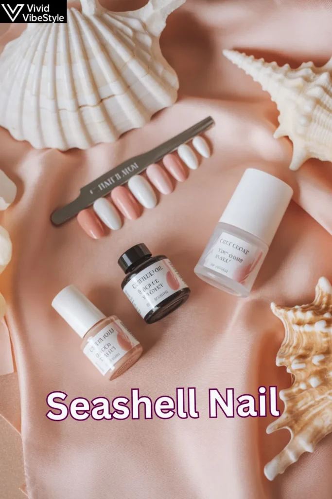Nail care essentials for maintaining seashell nail designs, including cuticle oil and top coat.