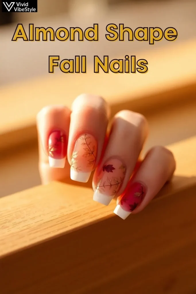 Fall almond shape nail designs with ombre gradient, autumn leaf accents, and dark French tips