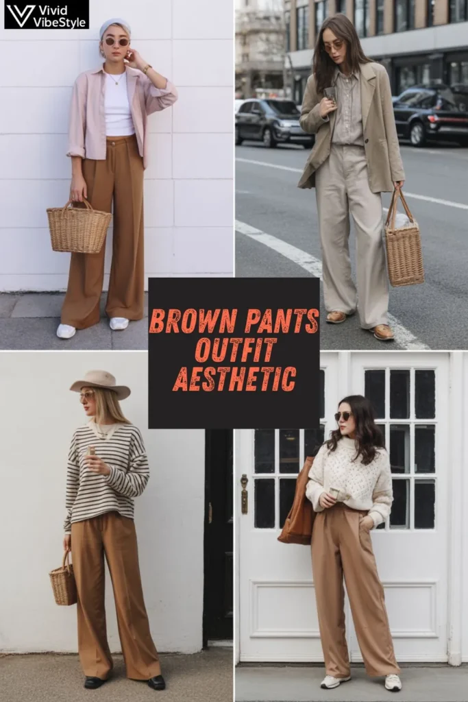 Four seasonal brown pants outfits: spring pastel blouse with linen trousers, summer camisole with cropped pants, fall layered look with boots, winter cozy wool trousers with coat
