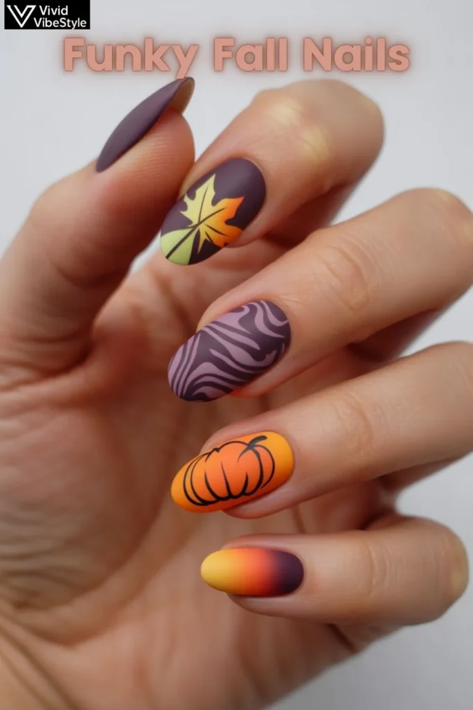 Funky fall nails with creative seasonal twists—geometric neon maple leaves, ombre pumpkin-inspired gradients, and abstract wind patterns