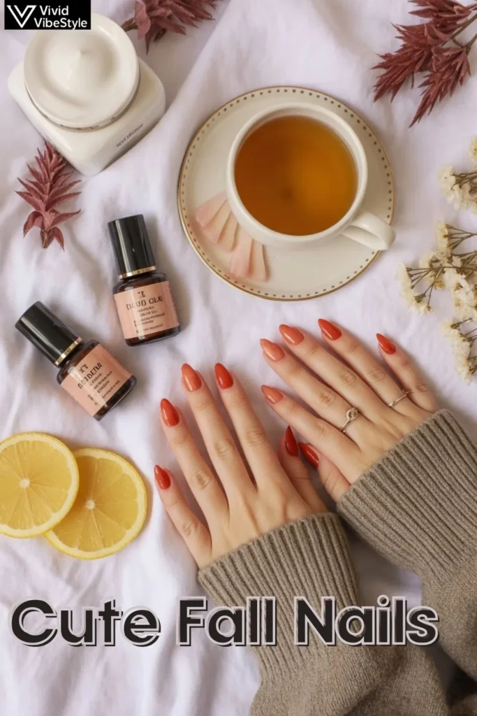 Fall nail care essentials including cuticle oil, hand cream, and freshly painted cute fall nails