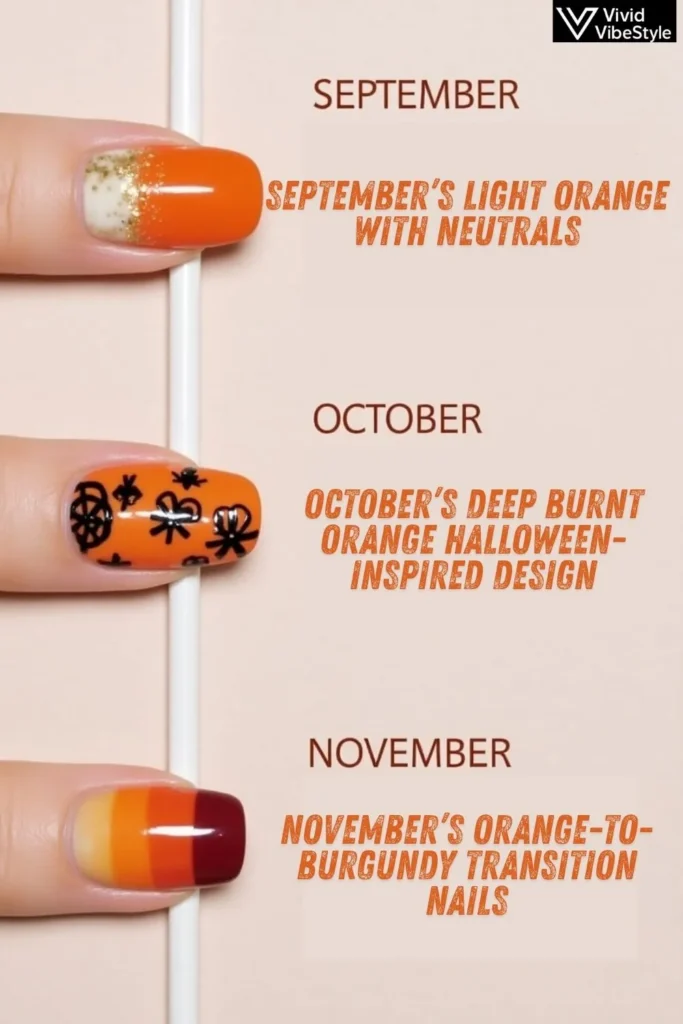 Three seasonal orange nail looks: light orange for early fall, burnt orange with Halloween accents, and orange-to-burgundy ombre for late fall