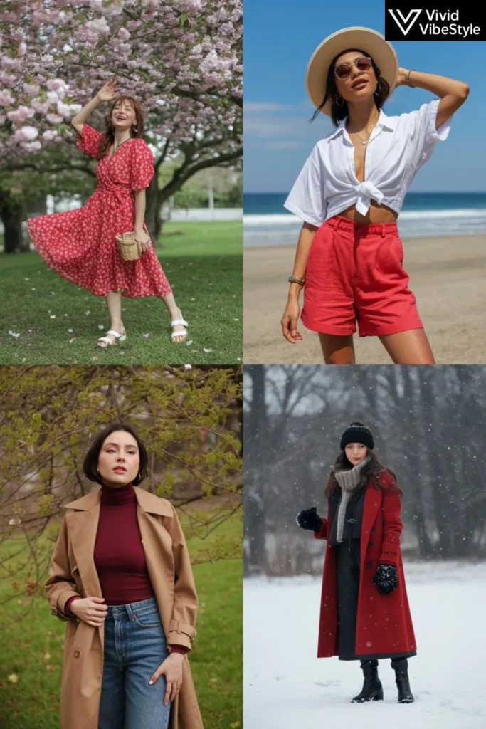 Seasonal red outfit ideas collage featuring spring floral dress, summer linen shorts, fall burgundy turtleneck, and winter red wool coat