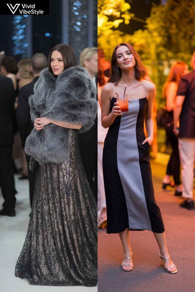 Winter and summer styling of black and silver dresses for year-round elegance