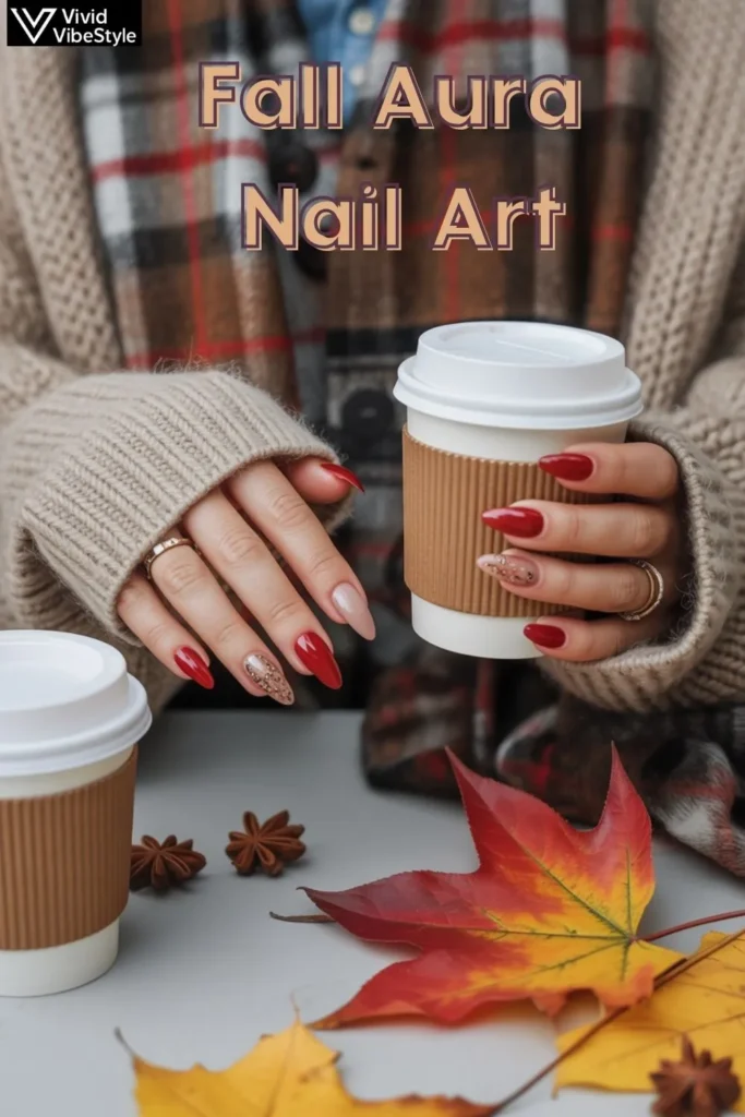 Fall aura nails styled with autumn fashion accessories including plaid scarf, cozy sweater, and pumpkin spice coffee