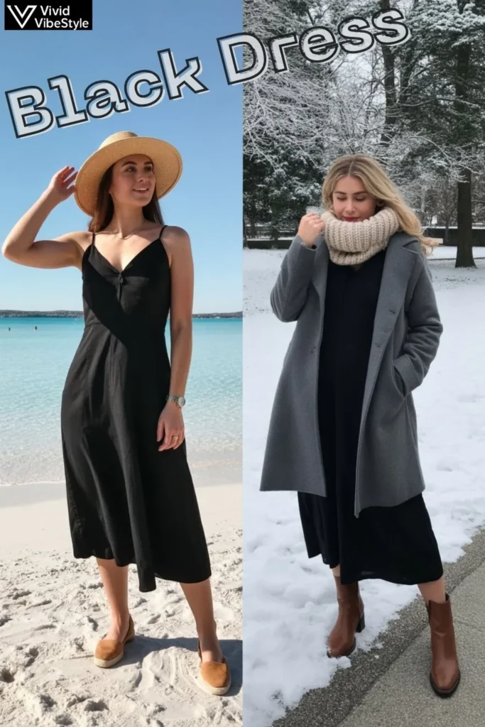 Seasonal styling of a black dress – summer look with straw hat and sandals, winter look with wool coat, scarf, and boots