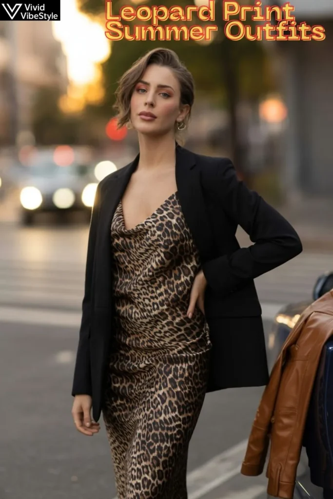 Woman in leopard print slip dress styled with blazer and ankle boots for a summer-to-fall transitional outfit