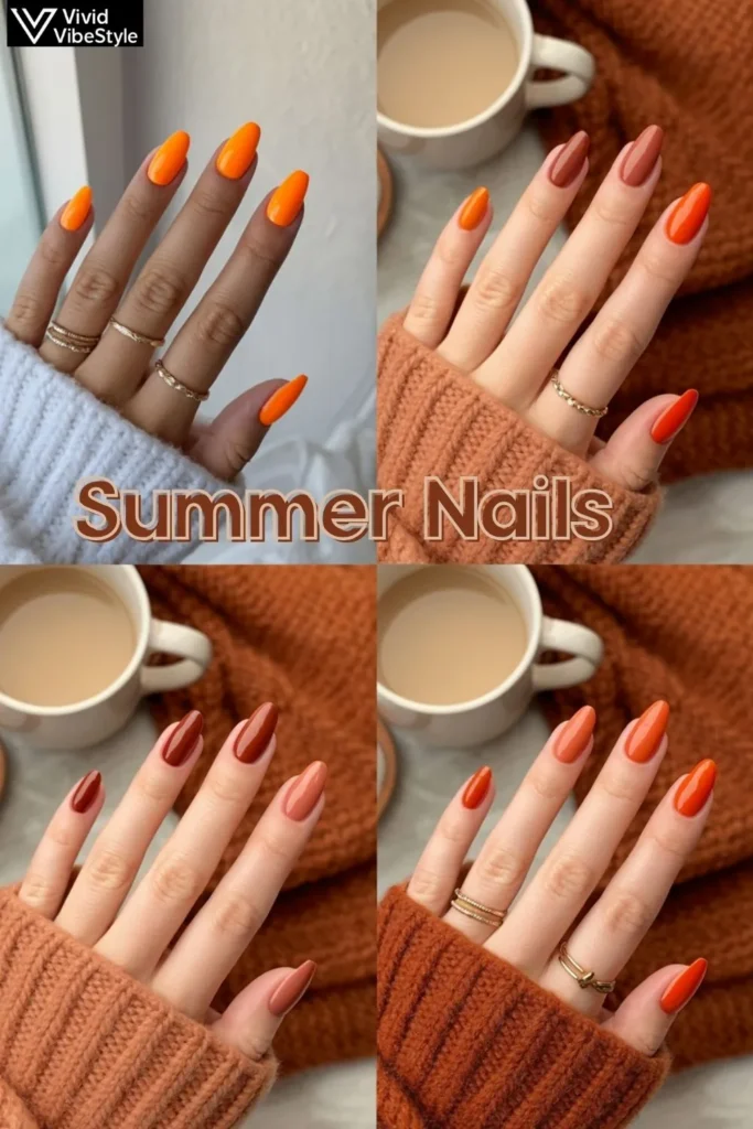Seasonal transition nail designs from bright summer orange to deep burnt orange and terracotta tones