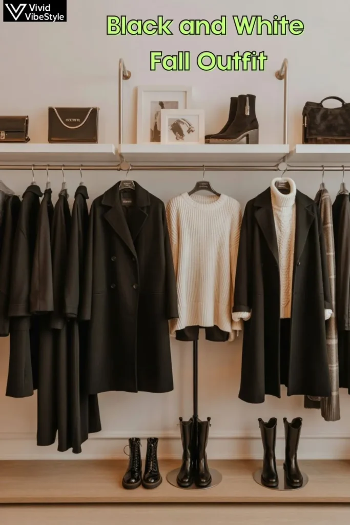 Shopping display of black coats, white sweaters, boots, and accessories showcasing must-have pieces for Black and White Fall Outfits